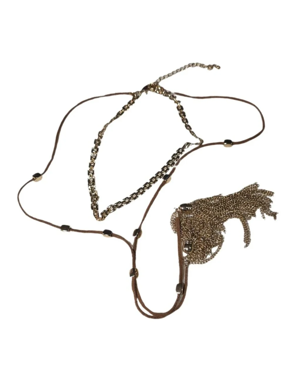 Layered Brown Suede and Gold Tassel Choker Lariat Necklace